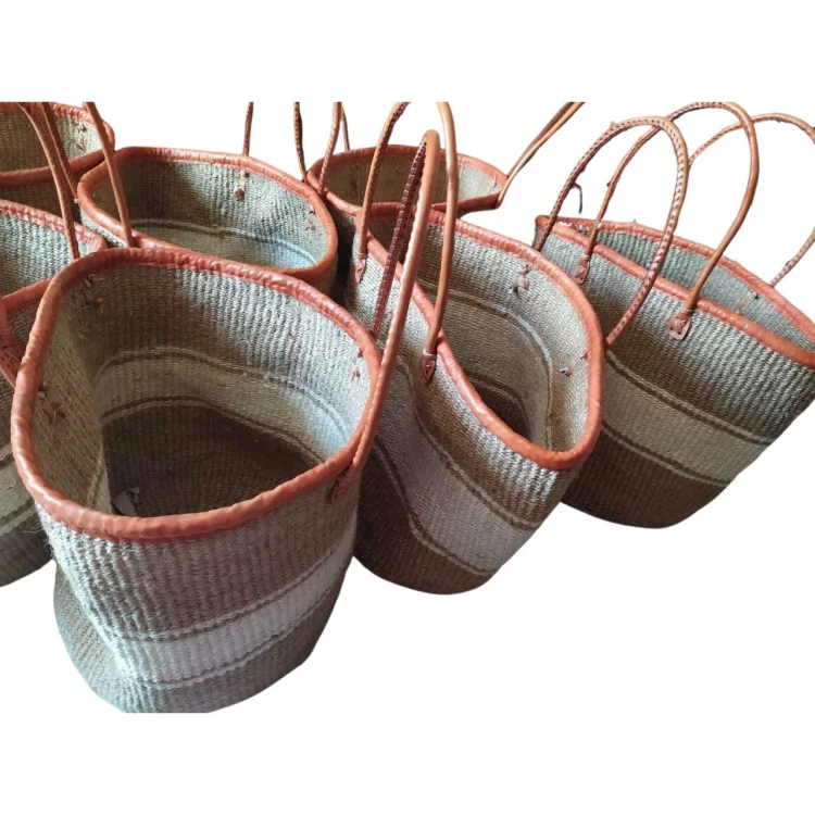 Jorova sisal basket open with leather rim and handles