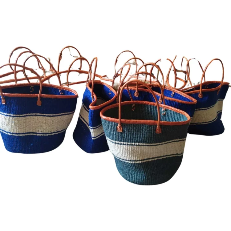 Jorova sisal basket open with leather rim and handles  blue with white stripe